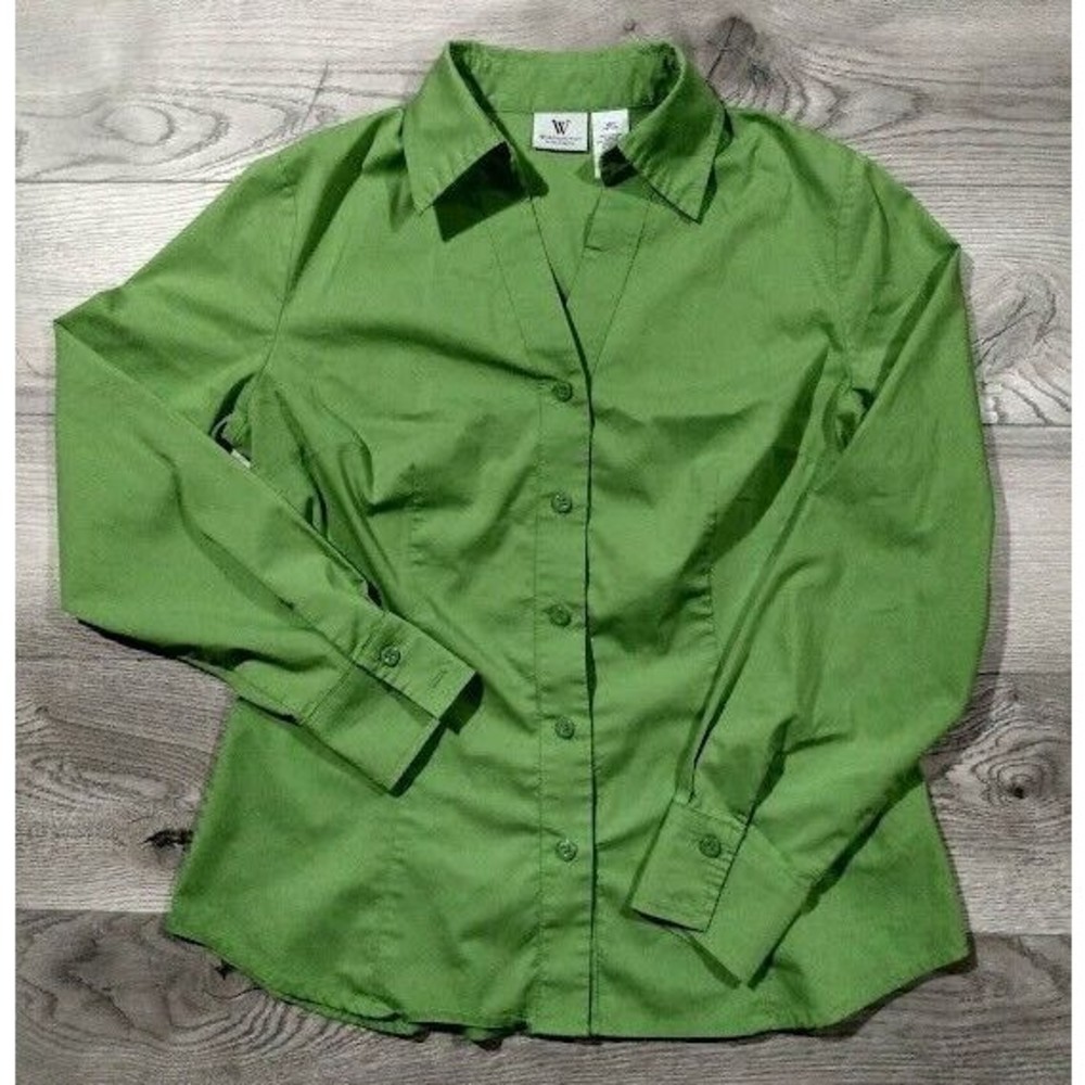 Worthington Long Sleeve Casual Button Up Blouse Womens Petite 10P Stretch Green